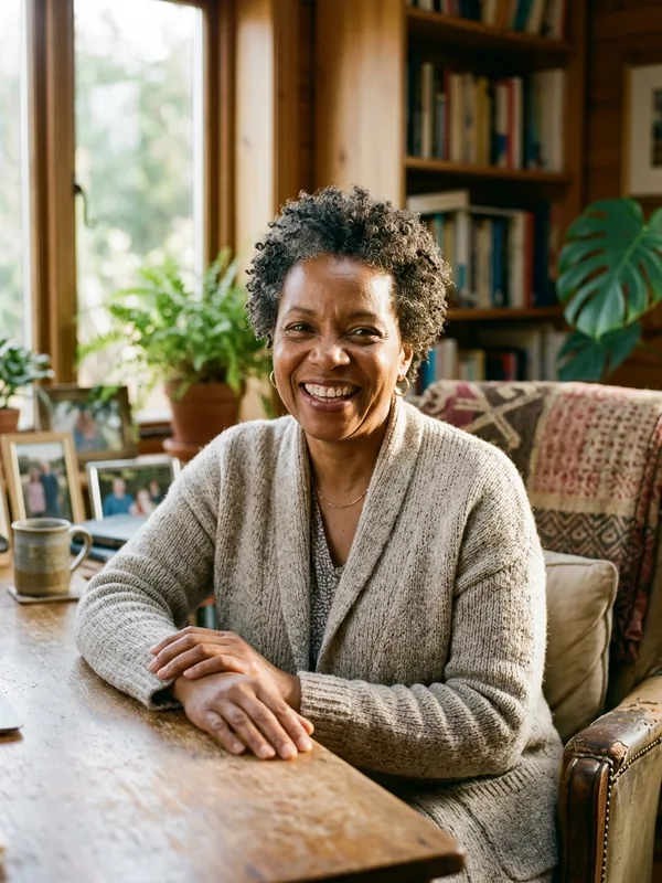 Connie Essary, cheerful mature patient in a cozy sweater smiling warmly