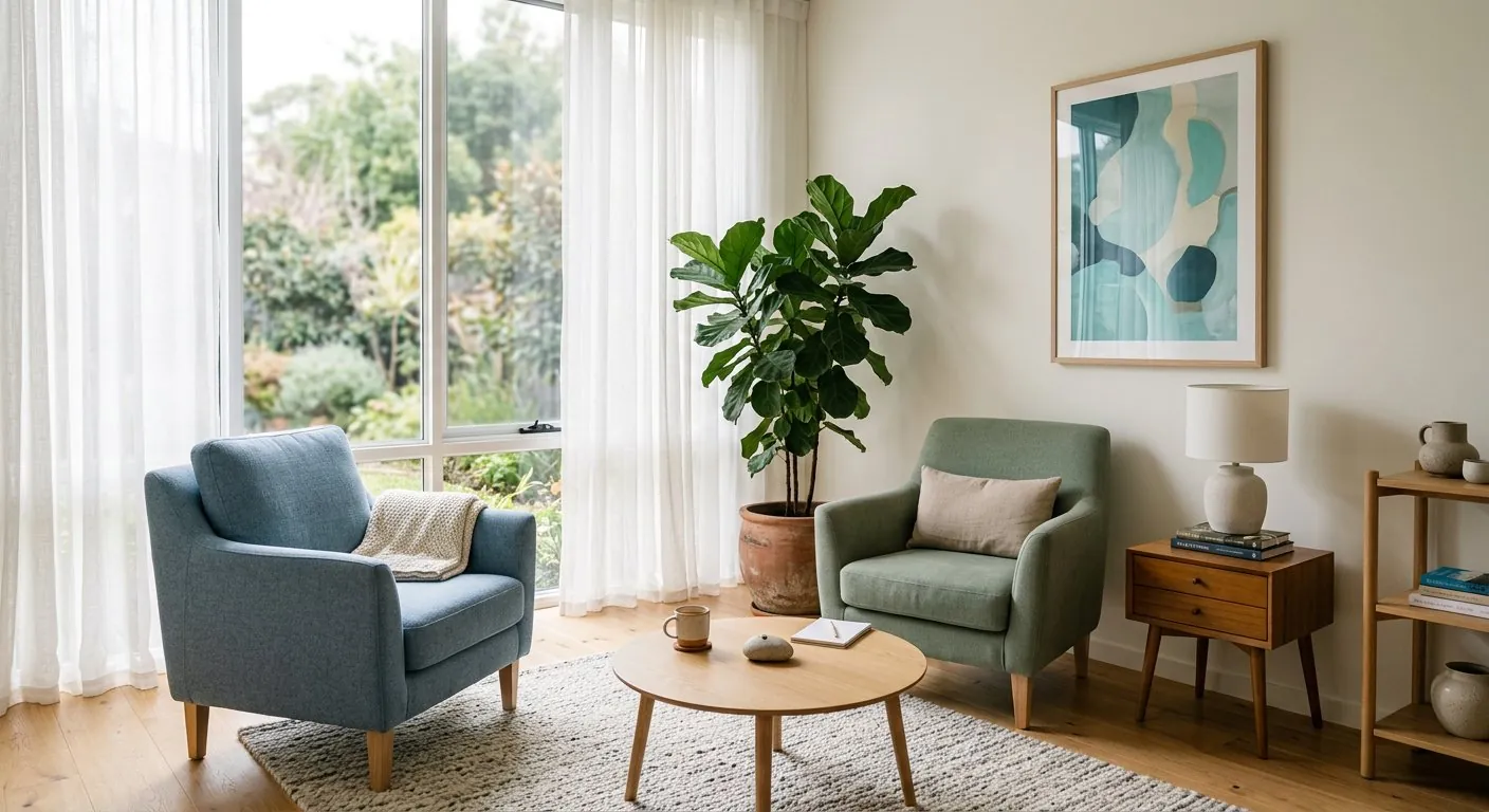 A serene, calming therapy office with two soft armchairs