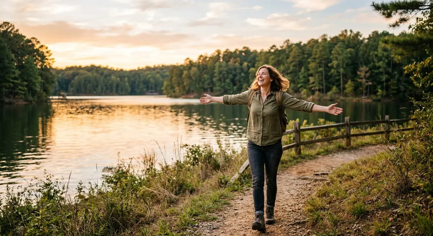 A joyful woman with arms outstretched on a lakeside trail at golden hour